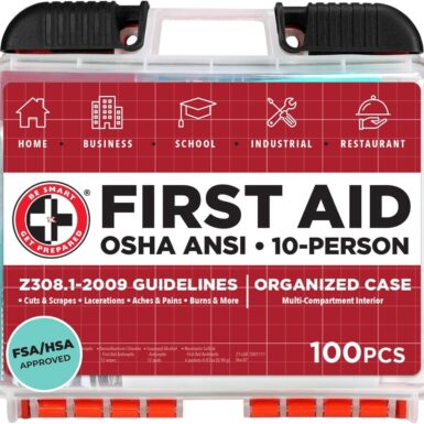 Be Smart Get Prepared OSHA/ANSI First Aid Kit - 10 Person | 100 Pieces - Designed for Home, Business, School, Industrial, and Restaurants - Compact & Portable